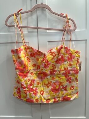 Floral Tie-Strap Bustier Top in Pink & Yellow